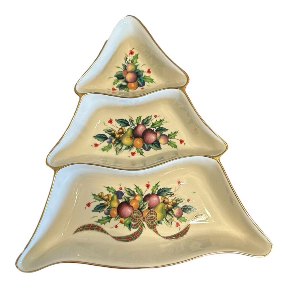 Vintage 1980s Lenox Holiday Tartan Fruit Design w/plaid Bow Tree Divided Tray